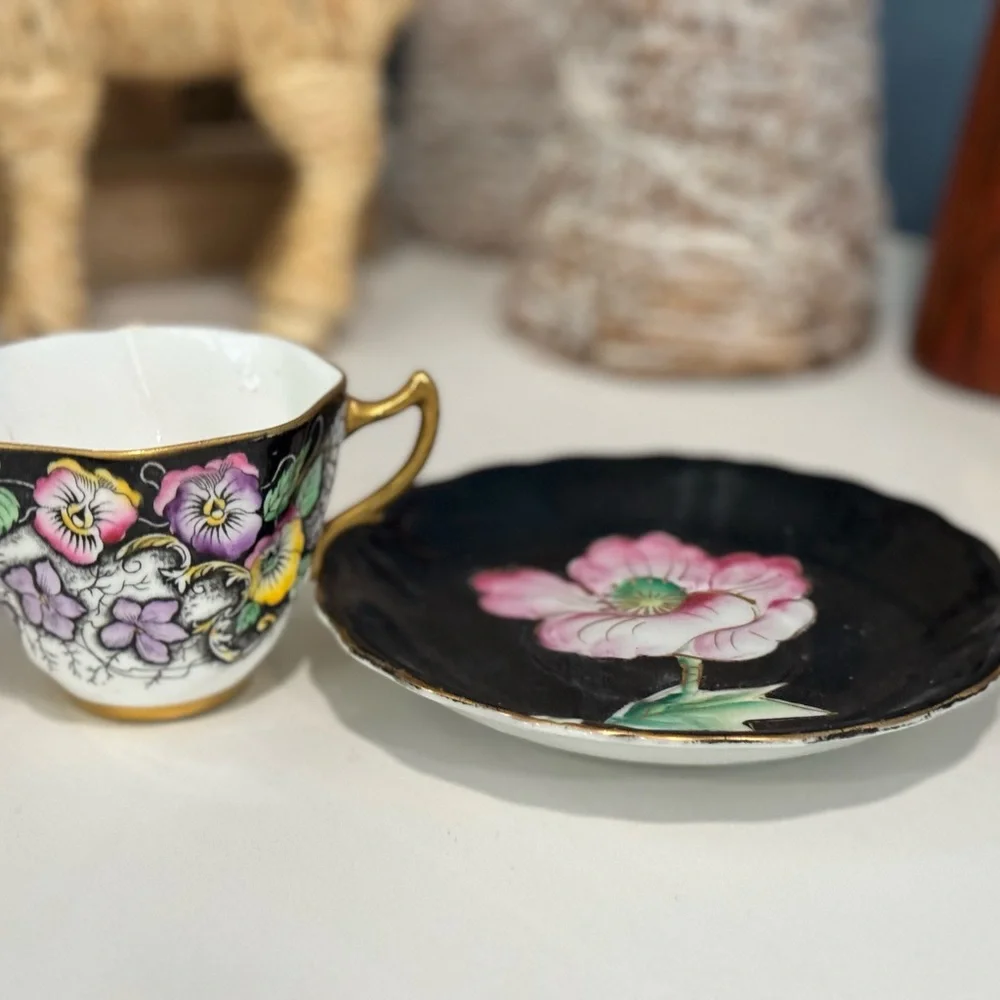 Royal White China tea cup and saucer black with pink floral